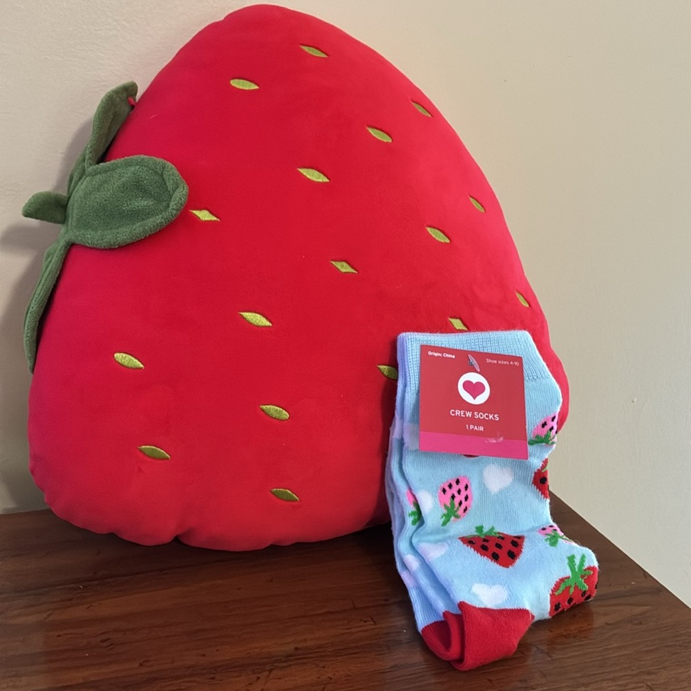 Plush Strawberry Throw Pillow with Blue Strawberry Crew Socks